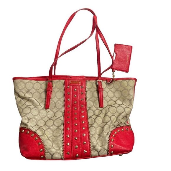 Nine West Beige Red Gold Studded Tote medium Shoulder Bag Circles Multi Pockets - Picture 1 of 12